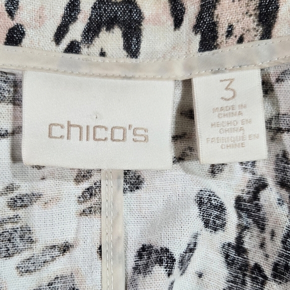 Chico's Linen Blend Leopard Print Open Front Vest Zip Pockets Shimmering - Picture 8 of 10